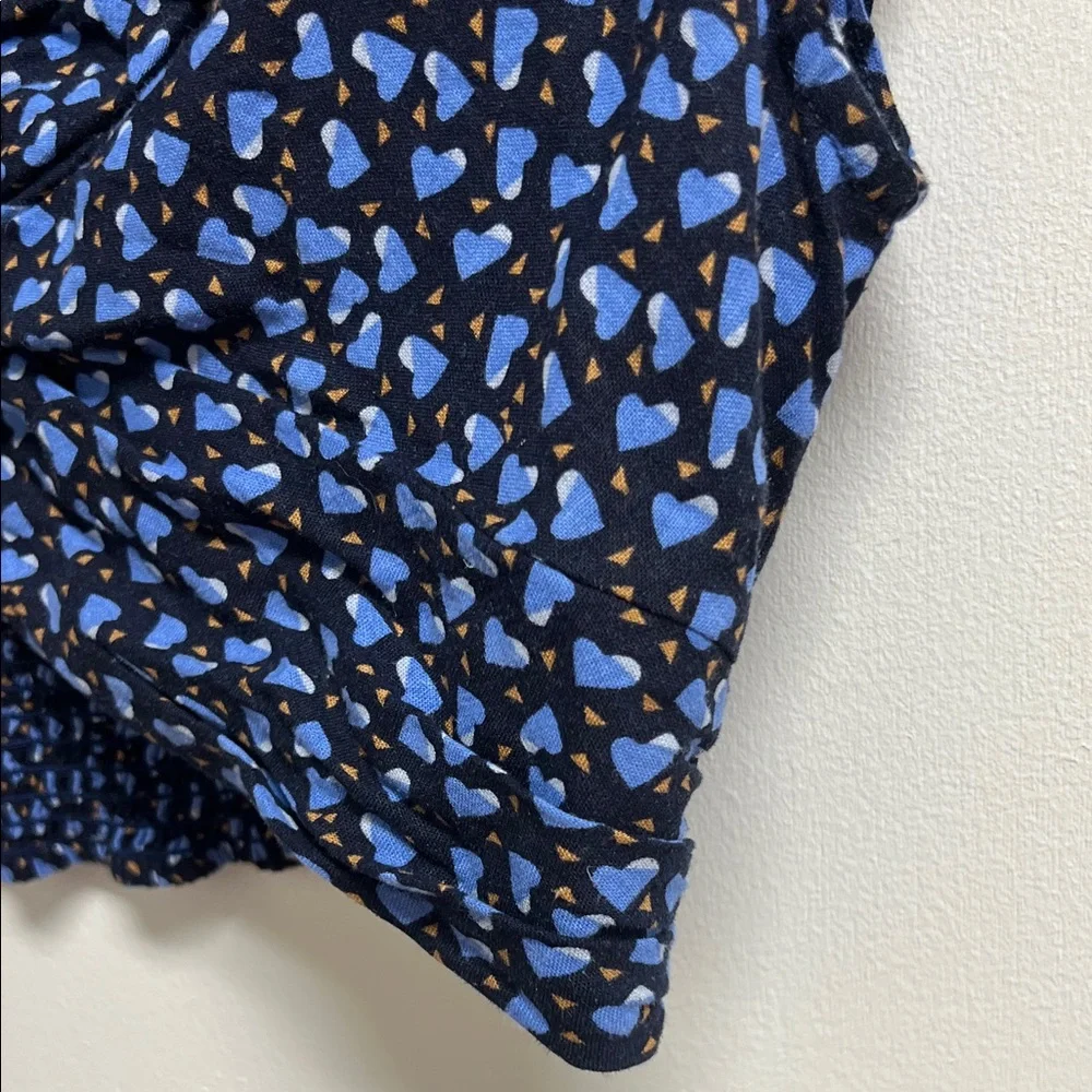 Free People Navy and Blue Heart Print V-Neck Key Hole Crop Top Small Festival